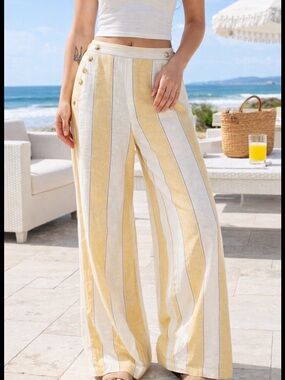 ROXY ADRIAN WIDE LEG LINEN BLEND PANTS AMBER GOLD STRIPE SIZE 31 NWT